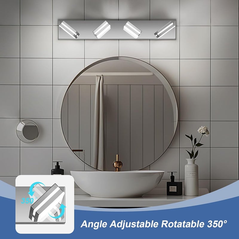 JZEKVN Modern LED Bathroom Lights Fixtures(4-Light),Stainless Steel Chrome Acrylic Wall Lighting,Vanity Lights for Bathroom Over Mirror(6000k 27in) - Image 2